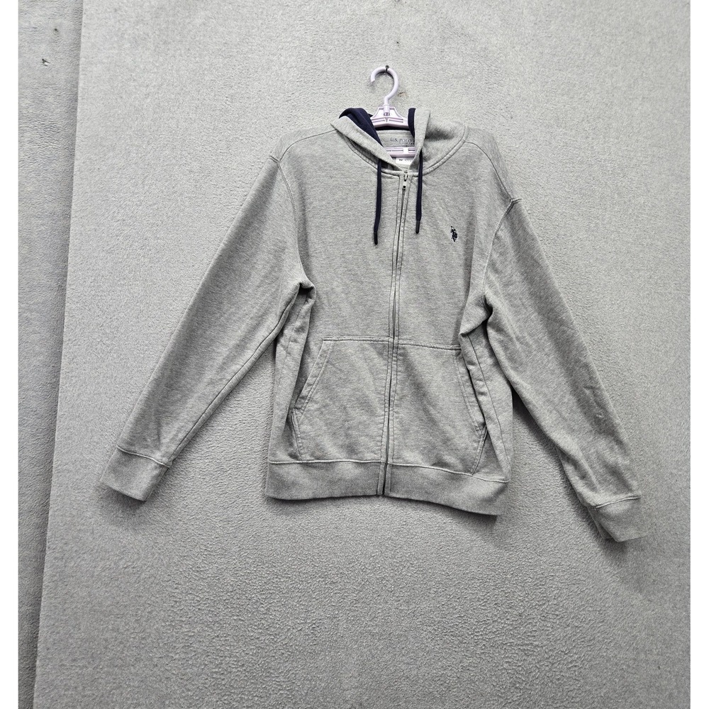 U.S. Polo Assn. Men Hoodie L Gray Logo Embroidered Full Zip Fleece Activewear